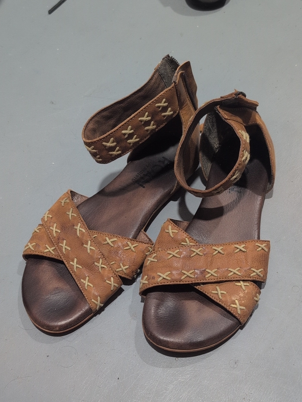 Women’s Brown Leather Ankle-Strap Sandals with Cross-Stitch Detail